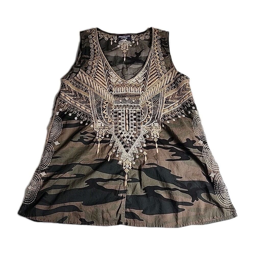 Johnny Was Terraza Camo Print Embroidered Sleeveless Cotton Shirt Tank Top SZ S